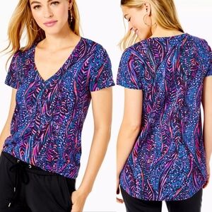 Lilly Pulitzer Etta V-Neck Top Blue Flare Always Pawsitive size XS​